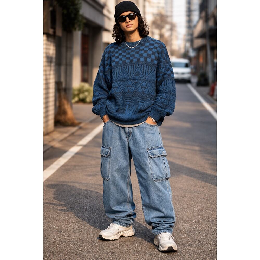 Vintage 90s Mens McGregor Blue Abstract Coogi Chunky Knit Sweater Size Large